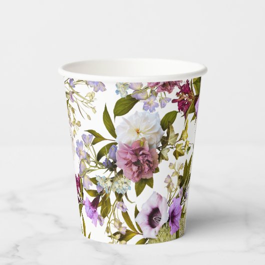 Paarse en Cream Flowers Papier Party Cups Papieren Bekers (Achterkant)