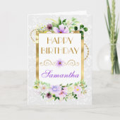 Paarse en Cream Zomerbloemen Goudfolie Verjaardag Kaart (Voorkant)