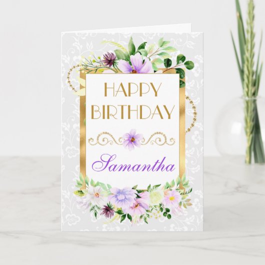 Paarse en Cream Zomerbloemen Goudfolie Verjaardag Kaart (Voorkant)