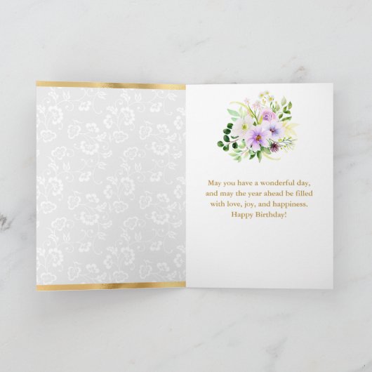 Paarse en Cream Zomerbloemen Goudfolie Verjaardag Kaart (Binnen)