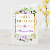 Paarse en Cream Zomerbloemen Goudfolie Verjaardag Kaart (Gele Bloem)