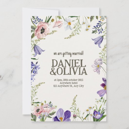 Paarse en Crème Bloemen Bordered Wedding Kaart (Voorkant)