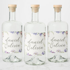 Paarse en Crème Bloemen Bordered Wedding Likeurfles Etiket