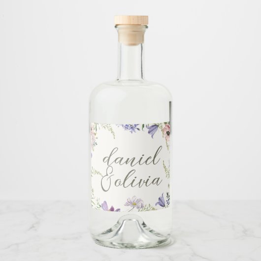 Paarse en Crème Bloemen Bordered Wedding Likeurfles Etiket (Voorkant)