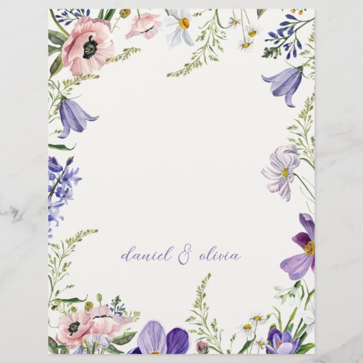 Paarse en Crème Bloemen Bordered Wedding Menu (Achterkant)