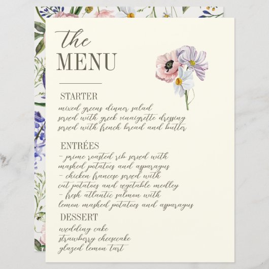 Paarse en Crème Bloemen Bordered Wedding Menu (Voorkant / Achterkant)