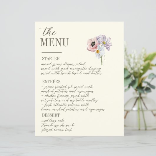Paarse en Crème Bloemen Bordered Wedding Menu (Staand voorkant)