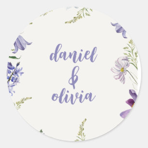 Paarse en Crème Bloemen Bordered Wedding Ronde Sticker
