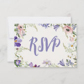Paarse en Crème Bloemen Bordered Wedding RSVP Kaartje (Voorkant)