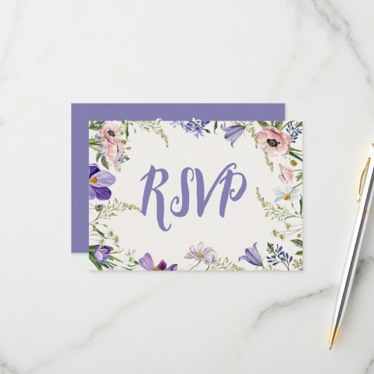 Paarse en Crème Bloemen Bordered Wedding RSVP Kaartje (Voorkant / Achterkant in situ)