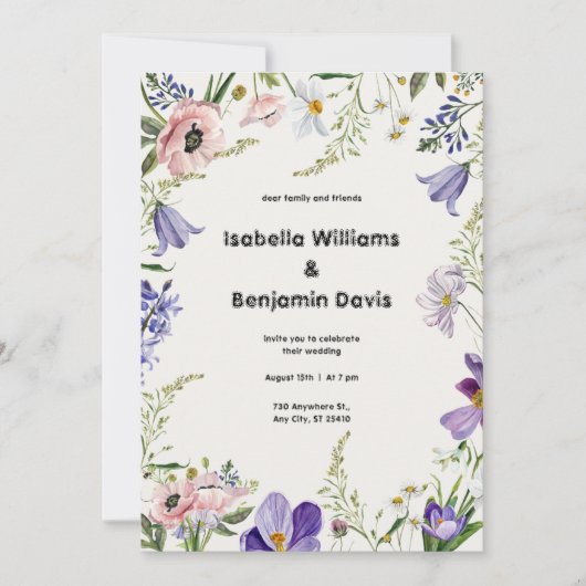 Paarse en Crème Bloemen Gegrensde Bruiloft Uitnodi Kaart (Voorkant)