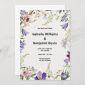 Paarse en Crème Bloemen Gegrensde Bruiloft Uitnodi Kaart (Voorkant / Achterkant)