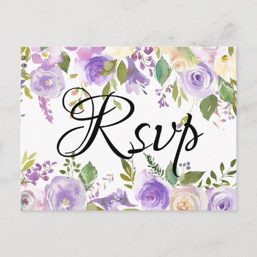 Paarse en Crème Bloemen Wedding RSVP Maaltijden Ke Uitnodiging Briefkaart (Voorkant)