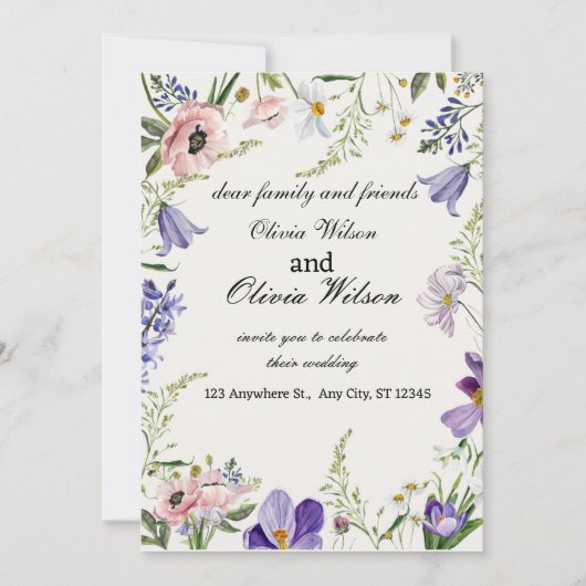 Paarse en Crème Bloemige Omrande Huwelijksuitnodig Kaart (Voorkant)