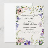 Paarse en Crème Bloemige Omrande Huwelijksuitnodig Kaart (Voorkant / Achterkant)
