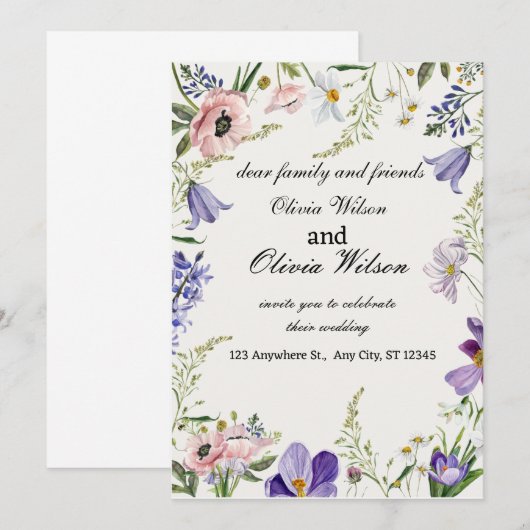 Paarse en Crème Bloemige Omrande Huwelijksuitnodig Kaart (Voorkant / Achterkant)