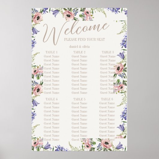 Paarse en Crème Floral Bordered Seating Charts Poster (Voorkant)