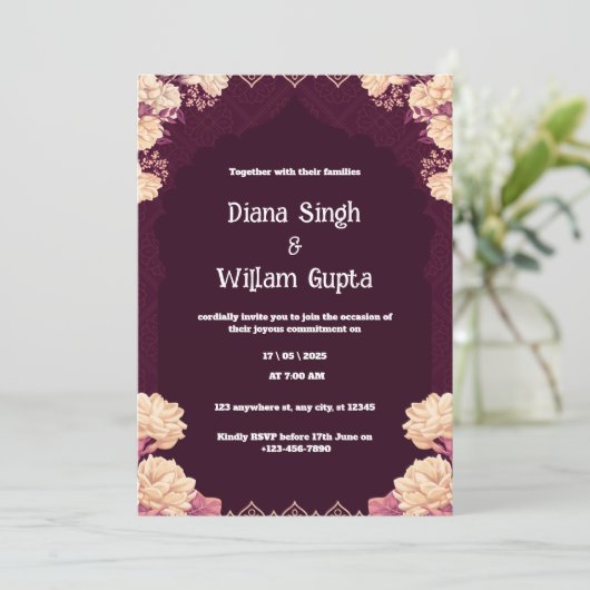 Paarse en crème Indiase huwelijksuitnodiging Kaart (Staand voorkant)