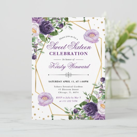 Paarse en Crème Spring Flowers Lijst Sweet 16 Kaart (Staand voorkant)