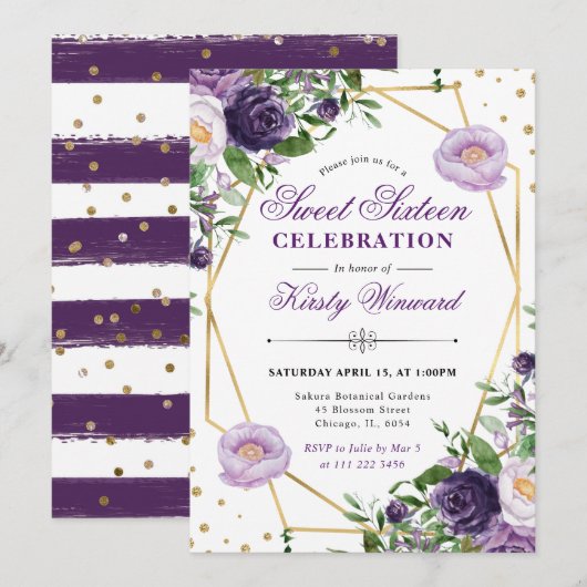 Paarse en Crème Spring Flowers Lijst Sweet 16 Kaart (Voorkant / Achterkant)
