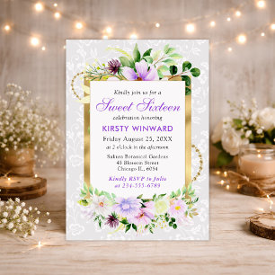 Paarse en Crème Zomerbloemen Goud Folie Sweet 16 Kaart