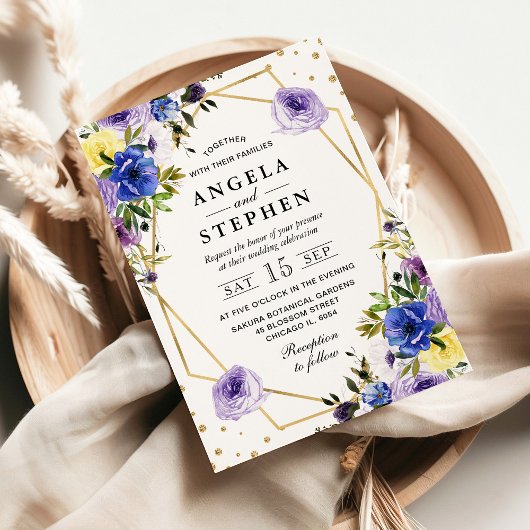 Paarse en crème zomerbloemen gouden Lijst bruiloft Kaart