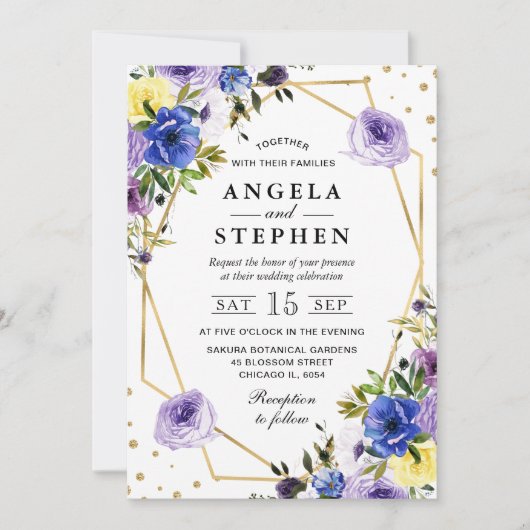Paarse en crème zomerbloemen gouden Lijst bruiloft Kaart (Voorkant)