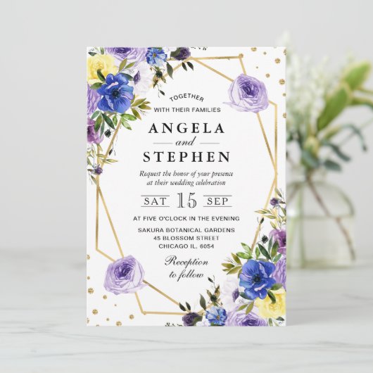 Paarse en crème zomerbloemen gouden Lijst bruiloft Kaart (Staand voorkant)