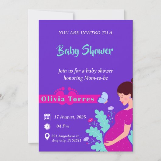 Paarse en donkerroze Baby shower uitnodiging (Voorkant)