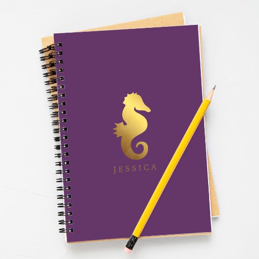 Paarse en Faux Gold Foil Seahorse gepersonaliseerd Notitieboek