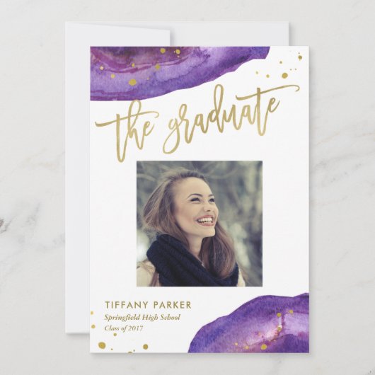 Paarse en Faux Gold Geode Graduparty Foto Aankondiging (Voorkant)