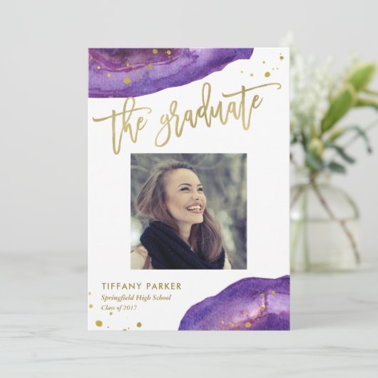 Paarse en Faux Gold Geode Graduparty Foto Aankondiging (Staand voorkant)