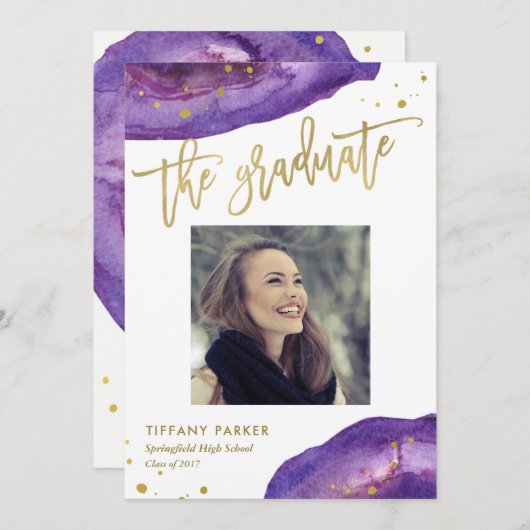 Paarse en Faux Gold Geode Graduparty Foto Aankondiging (Voorkant / Achterkant)