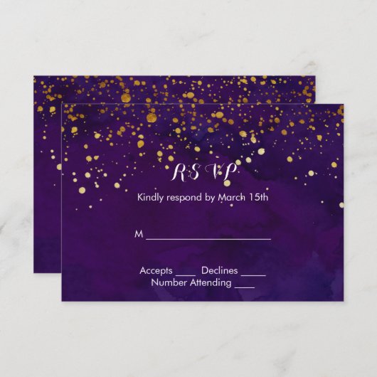 Paarse en Faux Gold Glitter RSVP Kaartje (Voorkant / Achterkant)