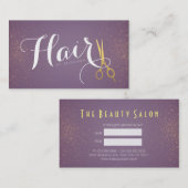 Paarse en Faux Gold Scissors Hair Salon Afsprakenkaartje (Voorkant / Achterkant)