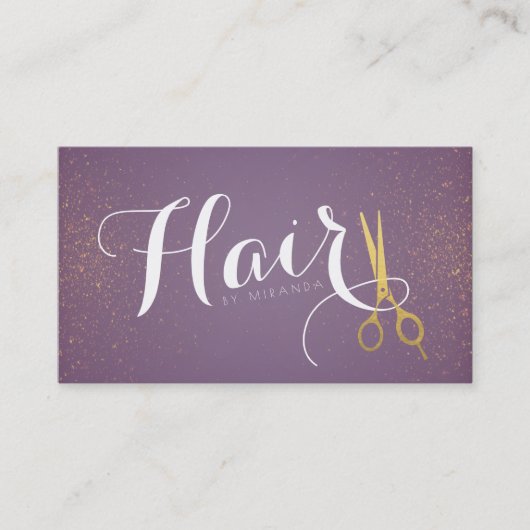 Paarse en Faux Gold Scissors Hair Salon Afsprakenkaartje (Voorkant)