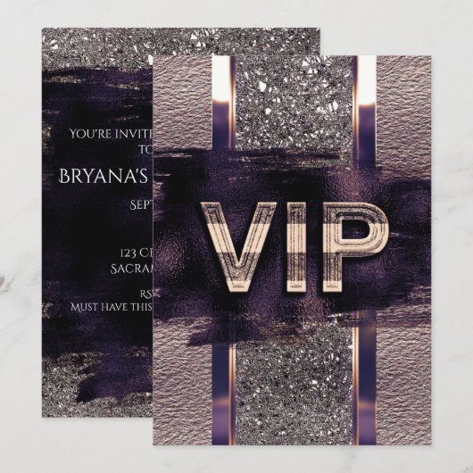 Paarse en Faux metallische VIP-partijuitnodiging Kaart (Voorkant / Achterkant)