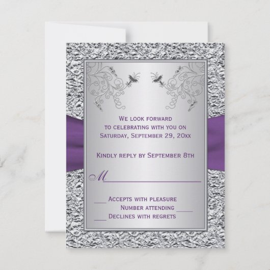 Paarse en FAUX Silver Foil Floral RSVP-kaart RSVP Kaartje (Achterkant)