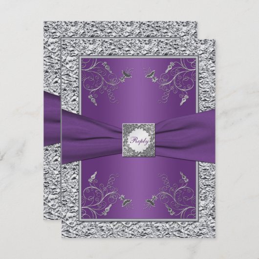 Paarse en FAUX Silver Foil Floral RSVP-kaart RSVP Kaartje (Voorkant / Achterkant)