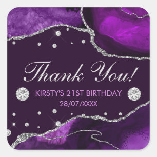 Paarse en Faux Silver Glitter Agate Birthday Vierkante Sticker