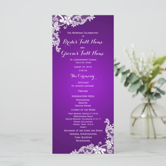 Paarse en  Floral Lace Wedding Program Programmakaart (Staand voorkant)