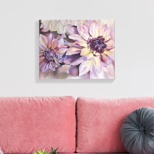 PAARSE EN GEEL DAHLIAS GEPRODUCEERDE CANVAS-BETALI CANVAS AFDRUK (Insitu (Woonkamer))