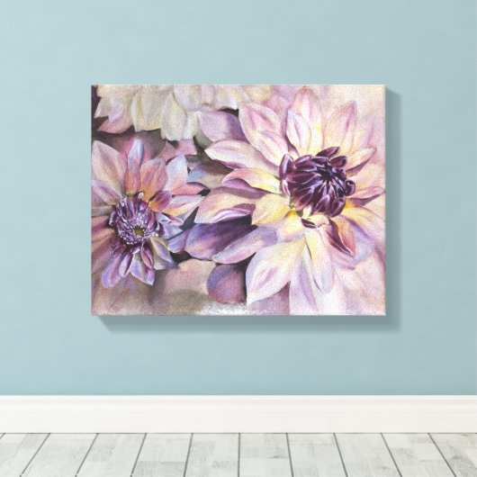 PAARSE EN GEEL DAHLIAS GEPRODUCEERDE CANVAS-BETALI CANVAS AFDRUK (Insitu (Houten vloer))