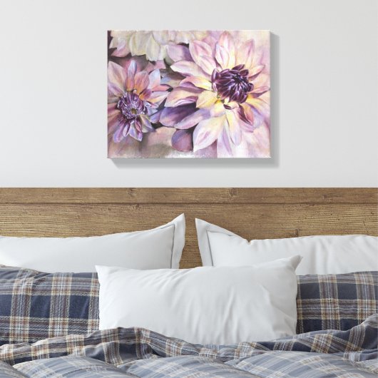 PAARSE EN GEEL DAHLIAS GEPRODUCEERDE CANVAS-BETALI CANVAS AFDRUK (Insitu (Slaapkamer))