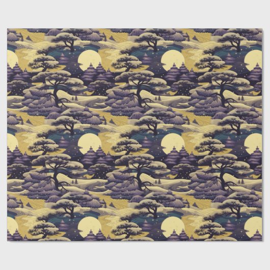 Paarse en Geel Japans Platteland Scène Cadeaupapier (Vlak)