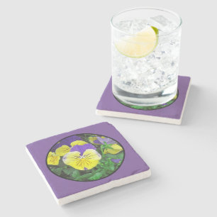 PAARSE EN GEEL PANSIES STENEN ONDERZETTER