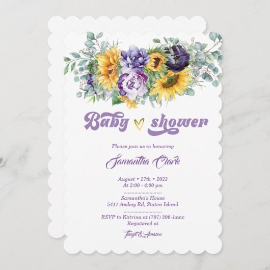 Paarse en Gele Baby shower Uitnodiging (Voorkant / Achterkant)