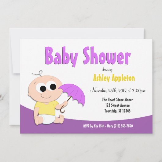 Paarse en gele Baby Umbrella - Shower Invitations Kaart (Voorkant)