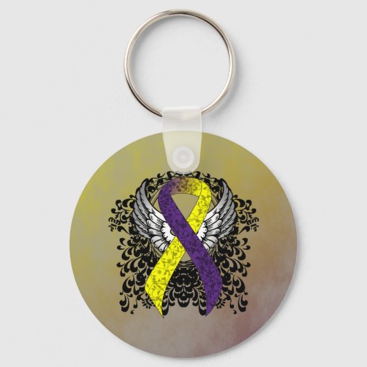 Paarse en gele bewustwording Lint met vleugels Sleutelhanger (Voorkant)