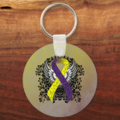 Paarse en gele bewustwording Lint met vleugels Sleutelhanger (Voorkant)